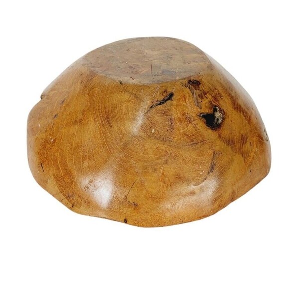 Vintage Natural Polished Teak Root Rustic Bowl Raw Chunky Painted Rim 11.5" - Picture 11 of 14
